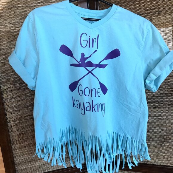 Summer Shirt, Size Large: Upcycled Cut Out Back Top, Edgy Fashion, Girl Kayaking - Picture 3 of 9